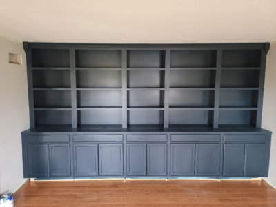 Large cabinet and shelf was stripped down to bare wood, sanded, primed and painted - After