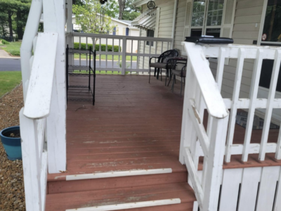 Exterior porch/ wooden Pressured wash, striped, primed and painted. - Before