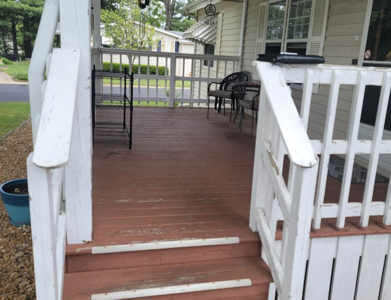 Exterior porch/ wooden Pressured wash, striped, primed and painted. - Before