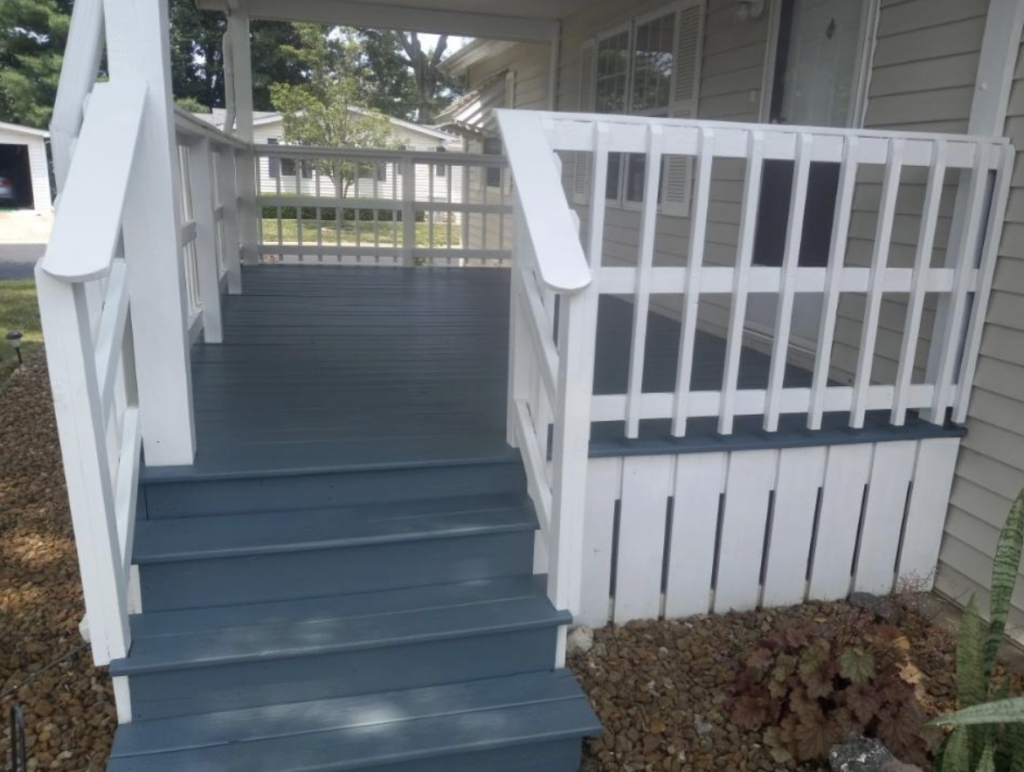 Exterior porch/ wooden Pressured wash, striped, primed and painted.